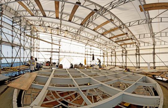 Dome skylight work beneath tent